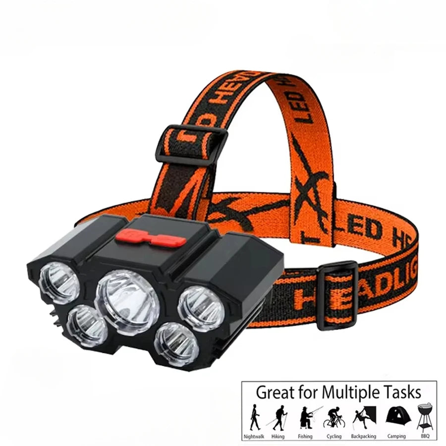 5-LED-Taschenlampe, wiederaufladbar, mit eingebauter Lithium-Batterie, starkes Kopflicht, Camping, Abenteuer, Angeln, Radfahren, Stirnlampe