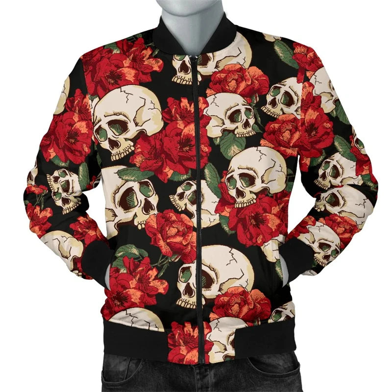 Retro Blume Schädel Grafik Jacke Männer Frauen 3d gedruckt Streetwear Langarm Jacken lässige Persönlichkeit Herbst Bomber Jacke