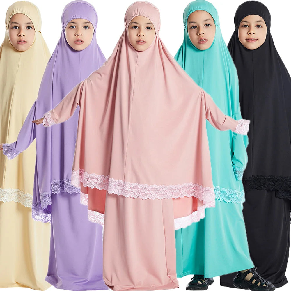 Muslimische Kinder Mädchen Hijab Kleid Ramadan Khimar Rock Set Overhead Eid Gebet Kleidungsstück Burka Abaya Robe Kaftan Kapuzenkleid