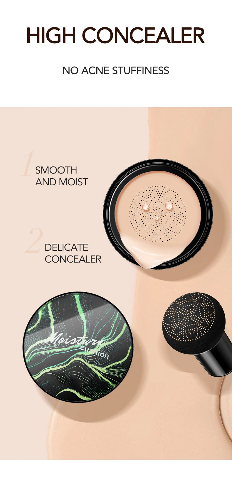 Mushroom Head Air Cushion BB Cream, Moisturizing Concealer Lasting Nude CC Liquid Foundation Even Skin Tone Makeup Base Primer