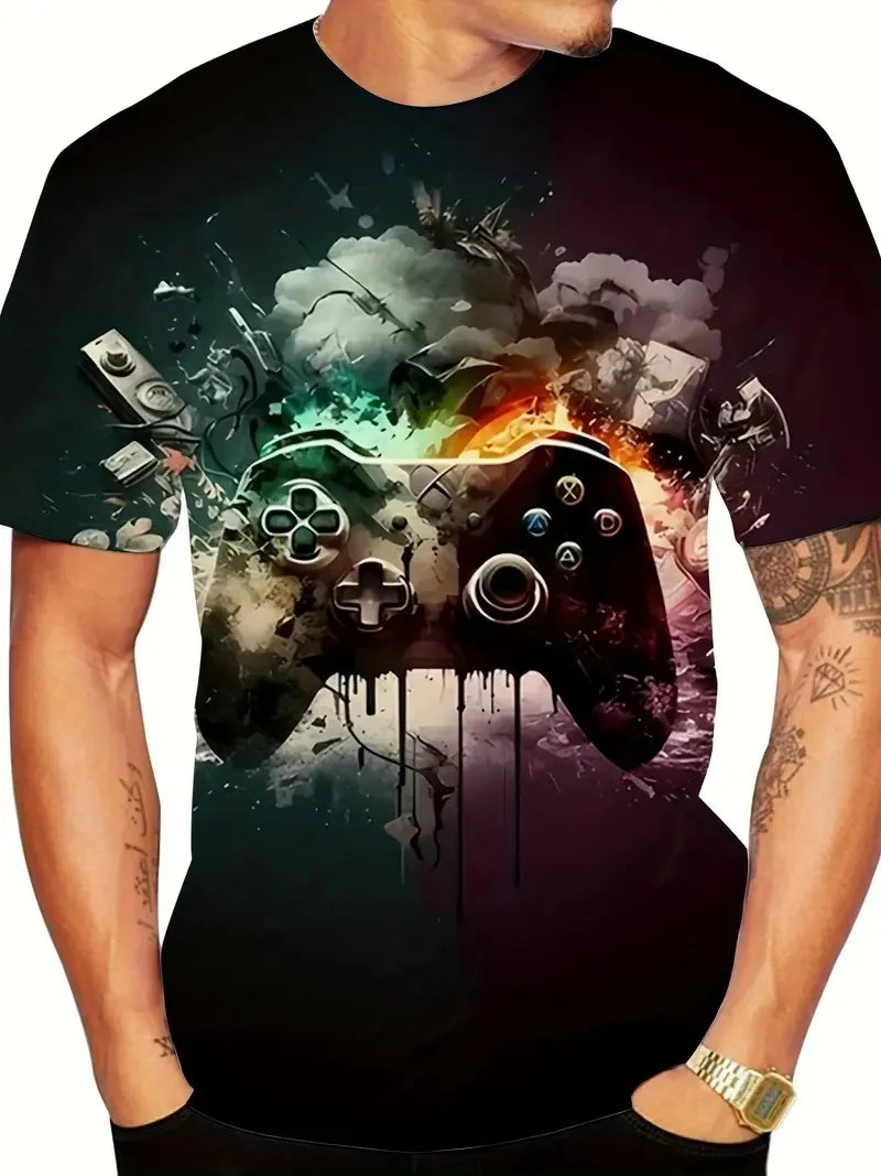 3D-Digitaldruck Herren Casual Vibrant Neon Game Controller Design T-Shirt Neu in Rundhalsausschnitt Kurzarm Gamer T-Shirt für Männer