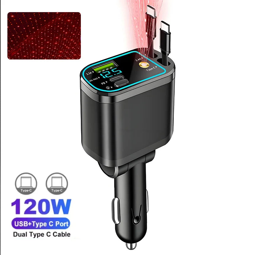 120 W 4/5 IN 1 Versenkbare Auto Ladegerät USB C Kabel Für IPhone Huawei Samsung Schnelle Ladekabel Zigarette leichter Adapter PD QC3.0