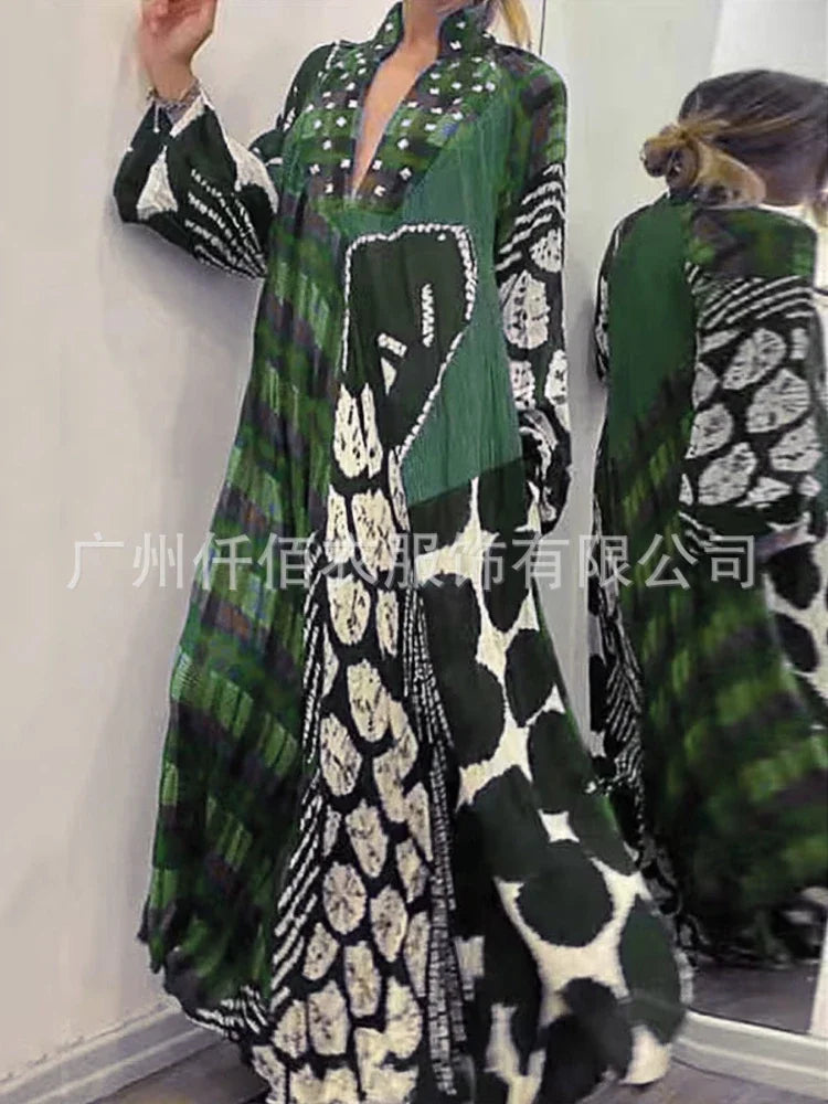 Lose Taille Kleid Frauen Volle Hülse Casual EINE Linie Lange V-ausschnitt Vestidos Drucken Taschen Splice Herbst Winter 2025, Maxi Kleider