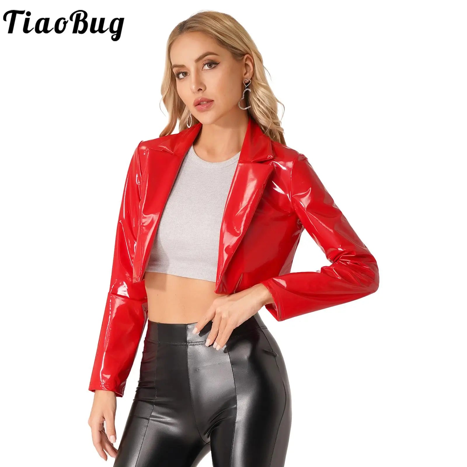 Damen-Jacke aus glänzendem Leder, Wetlook-Blazer mit Revers, kurze Jacke, Latex-Leder, langärmelig, kurzer Mantel, Rave-Party, Clubwear