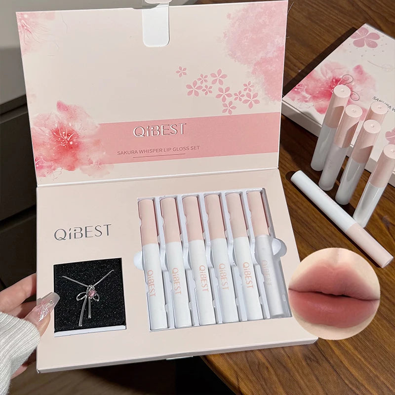 QIBEST 6 Teile/schachtel Matte Lippenstift Sets Und Spiegel Wässrige Lip Glasur Anhaltende Lip Make-Up Sets Feuchtigkeitsspendende Lipgloss Halskette Geschenk