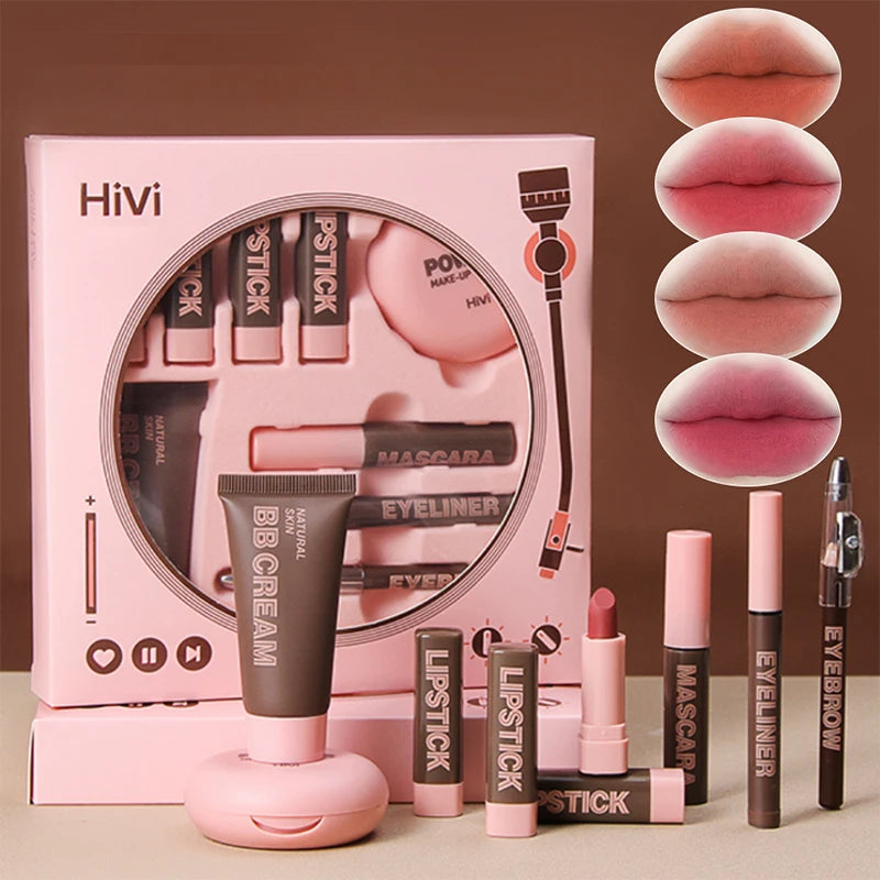 Weihnachts-Make-up-Set für Damen, 9 Lippenstifte, Puderpresse, BB-Creme, Augenbrauenstift, Mascara und Eyeliner-Set, für Frauen und Mädchen