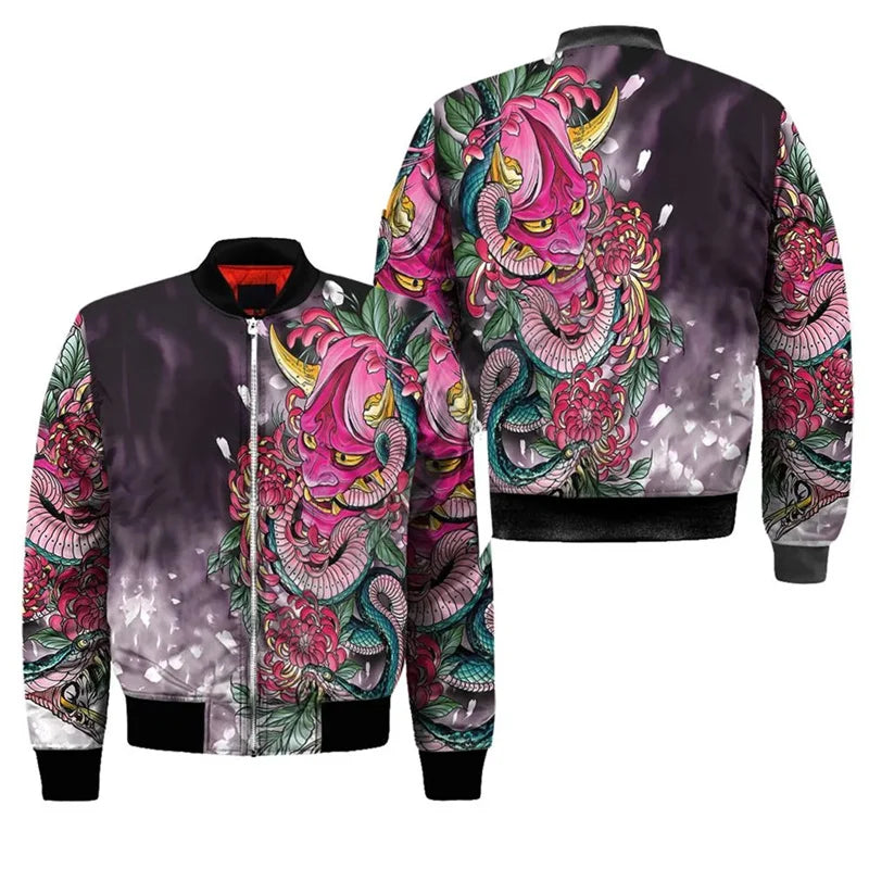 3d gedruckt neue Samurai oni Maske Tattoo Herren Bomber jacke lässig Frühling Herbst Vintage Reiß verschluss Jacke Unisex Kleidung Streetwear