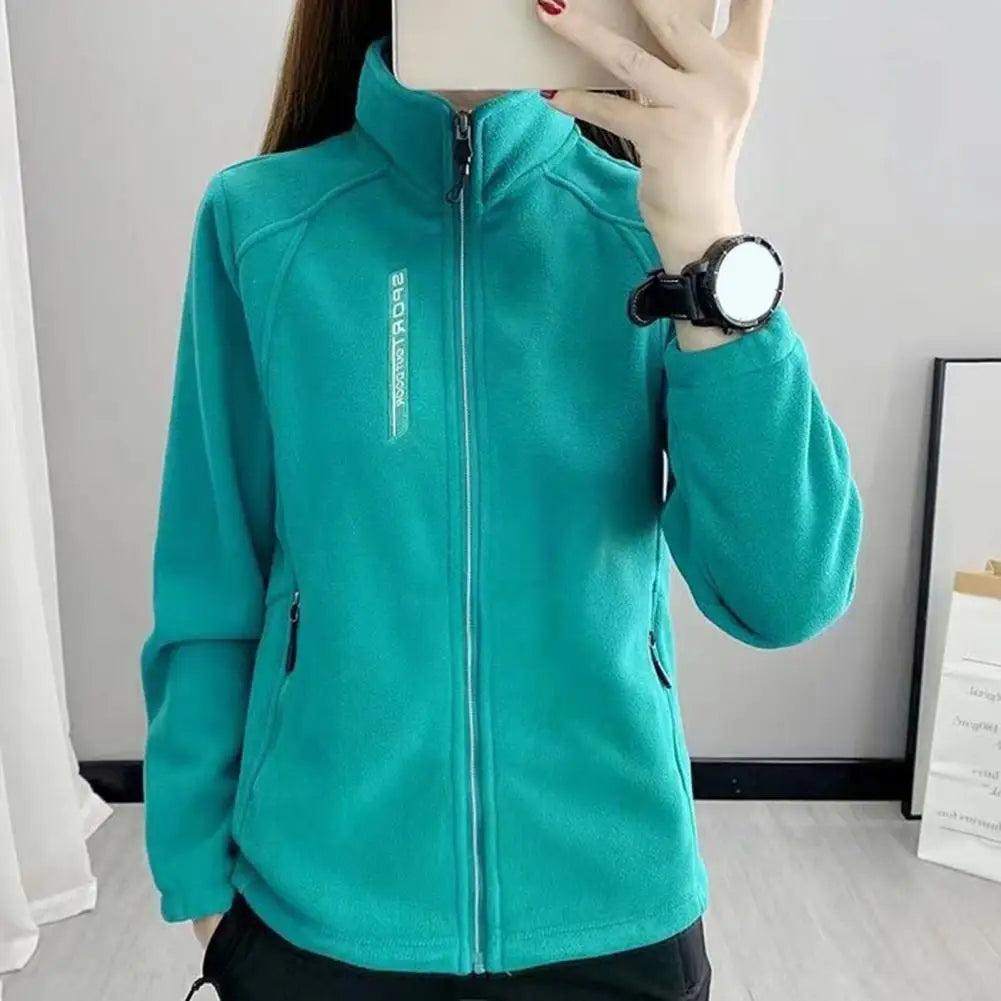 Frauen Stehkragen Mantel Dame Mädchen Zip-up Polar Fleece Sport Stil Tops Reißverschluss Taschen Solide Dicke Plüsch Thermische Strickjacke mantel