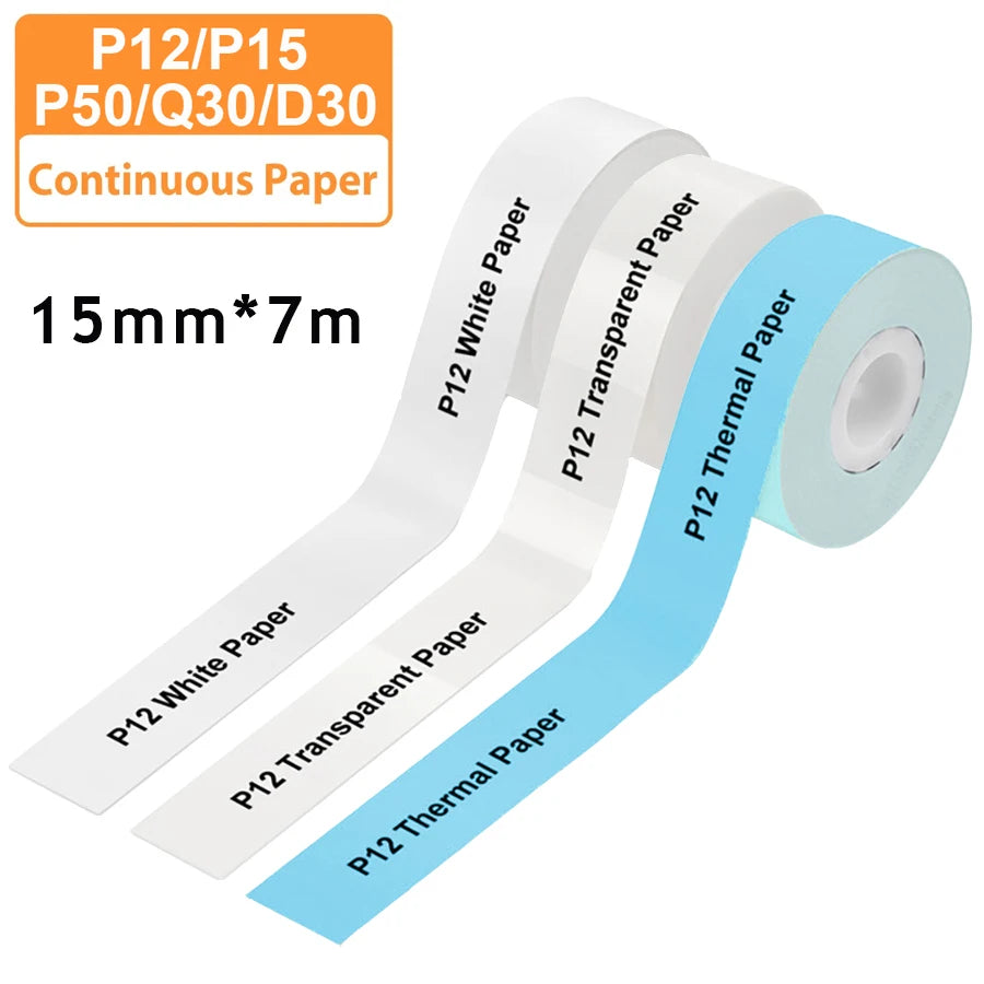 3 Stück 15 mm x 7 m kontinuierliches Etikettenpapier, passend für P12 P15 Phomemo D30 Q30 Drucker, wasserdichter, selbstklebender Thermodrucker