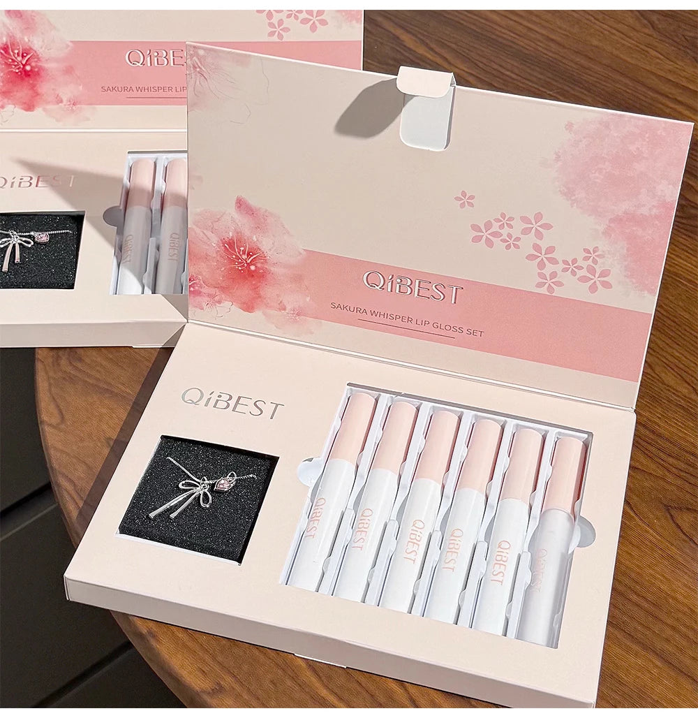 QIBEST 6 Teile/schachtel Matte Lippenstift Sets Und Spiegel Wässrige Lip Glasur Anhaltende Lip Make-Up Sets Feuchtigkeitsspendende Lipgloss Halskette Geschenk