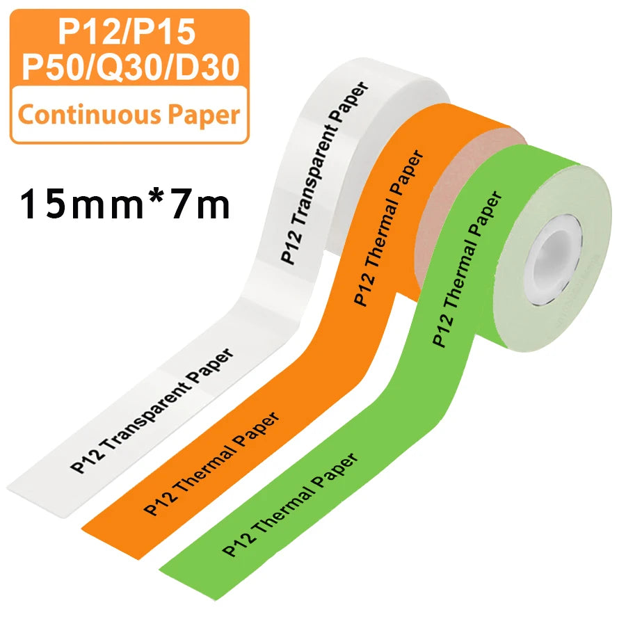 3 Stück 15 mm x 7 m kontinuierliches Etikettenpapier, passend für P12 P15 Phomemo D30 Q30 Drucker, wasserdichter, selbstklebender Thermodrucker