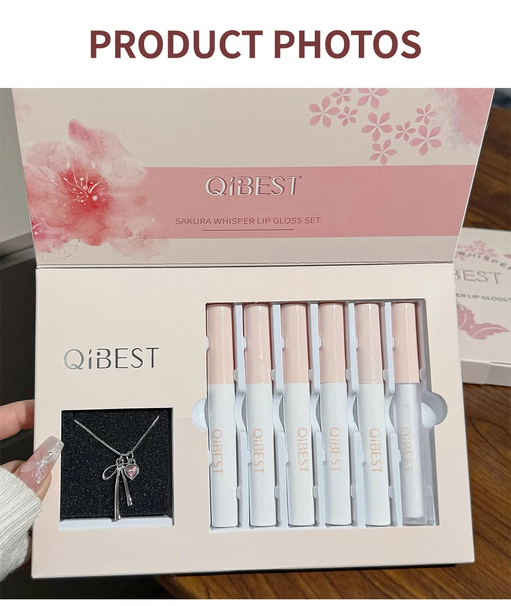 QIBEST 6 Teile/schachtel Matte Lippenstift Sets Und Spiegel Wässrige Lip Glasur Anhaltende Lip Make-Up Sets Feuchtigkeitsspendende Lipgloss Halskette Geschenk