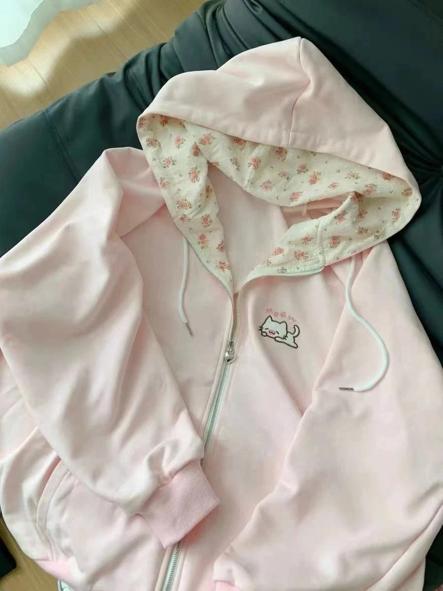 Japanische süße Mäntel Y2K Kleidung Hoodie Damen Tops Herbst und Winter Farbabstimmung Spleißen mit dicken Retro-Cardigan-Jacken