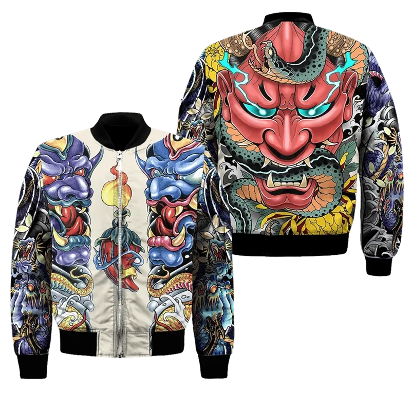 Frühling Herbst Herren Bomberjacke Samurai Oni Maske Tattoo 3D All Over Gedruckt Reißverschluss Trainingsanzüge Unisex Casual Reißverschluss Jacke Kleidung