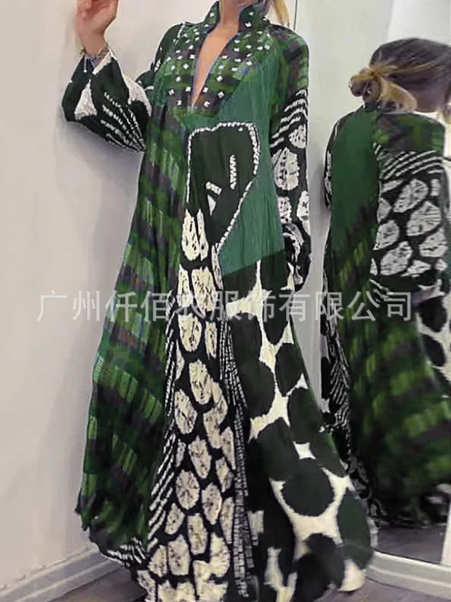 Lose Taille Kleid Frauen Volle Hülse Casual EINE Linie Lange V-ausschnitt Vestidos Drucken Taschen Splice Herbst Winter 2025, Maxi Kleider