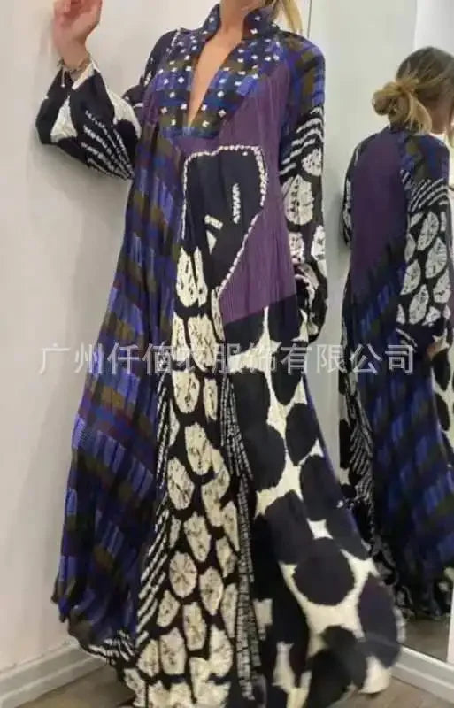 Lose Taille Kleid Frauen Volle Hülse Casual EINE Linie Lange V-ausschnitt Vestidos Drucken Taschen Splice Herbst Winter 2025, Maxi Kleider