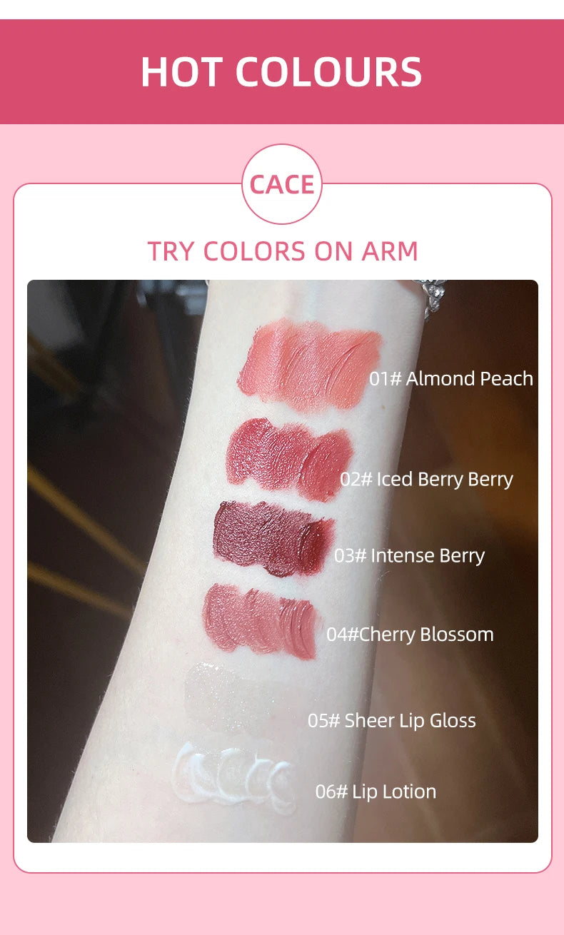 CACE Mattflüssiger Lippenstift-Make-up-Sets, 4 Farben Lipgloss und 1 transparenter Lipgloss und 1 Stück Lippenbalsam, praller und Halsketten-Geschenk