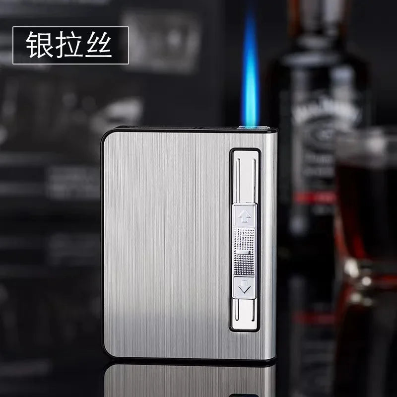 Automatisches Pop-Up-Zigarettenetui mit aufblasbarem Feuerzeug für 20-Zigaretten, Anti-Druck-Zigarettenetui aus Metall, Geschenk für Männer