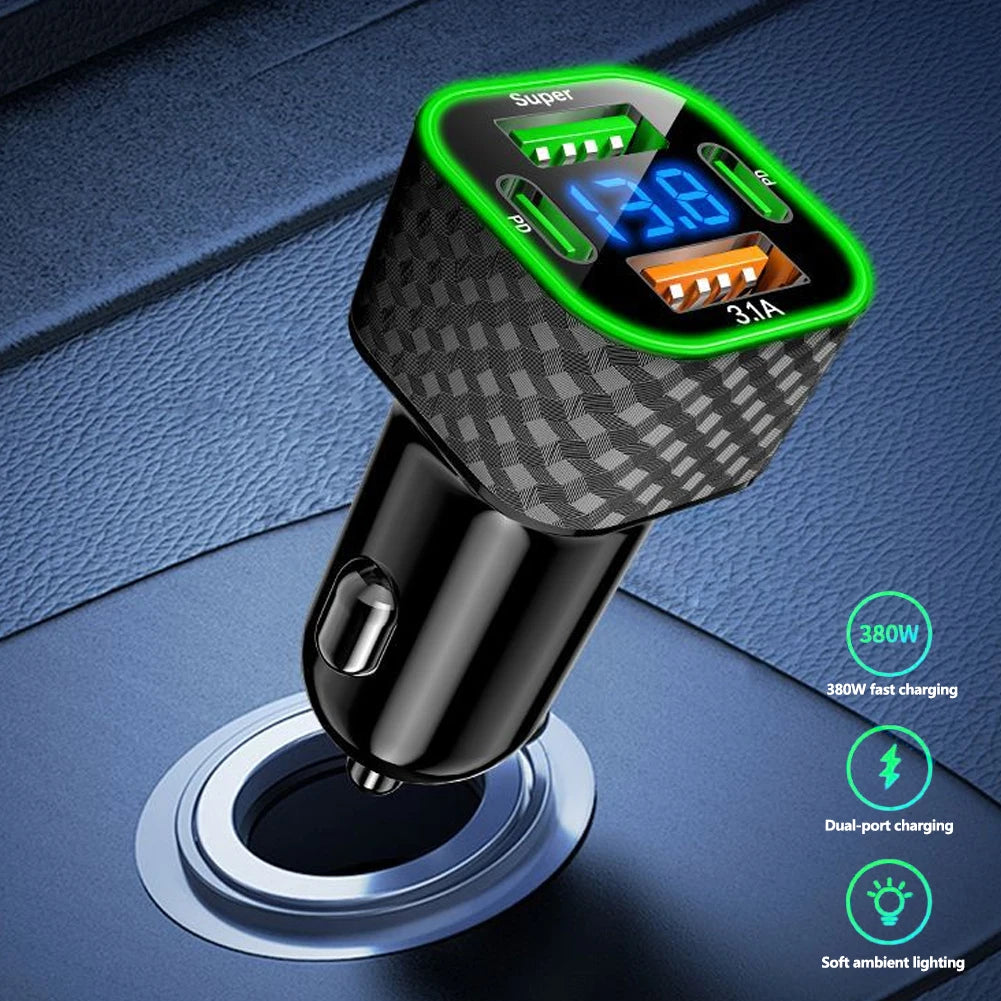 4-in-1-Autotelefon-Ladegerät USB C Dual PD mit Spannungsanzeige 380 W Superschnellladeadapter für iPhone Xiaomi Oppo Vivo Samsung