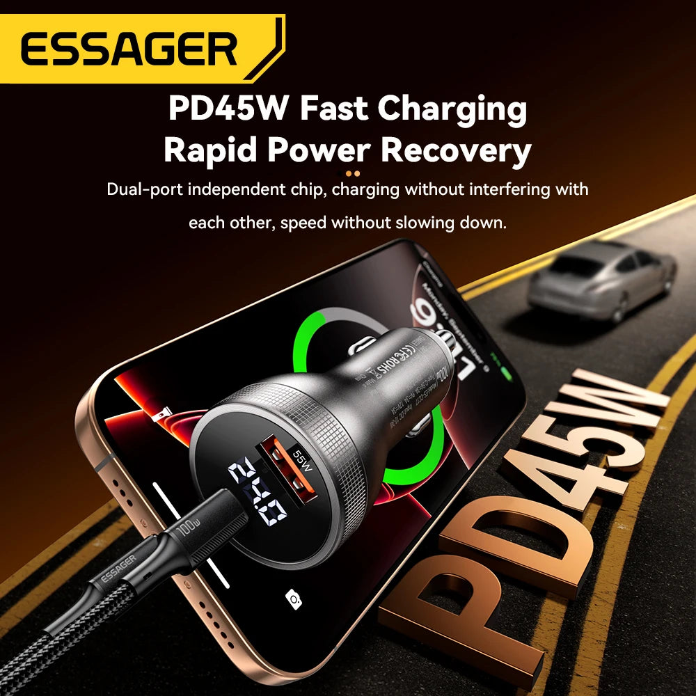 Essager 100 W Autoladegerät USB C Quick Charge PD 45 W für iPhone 15 pro 14 Xiaomi Poco Samsung Galaxy S24 Schnellladegerät