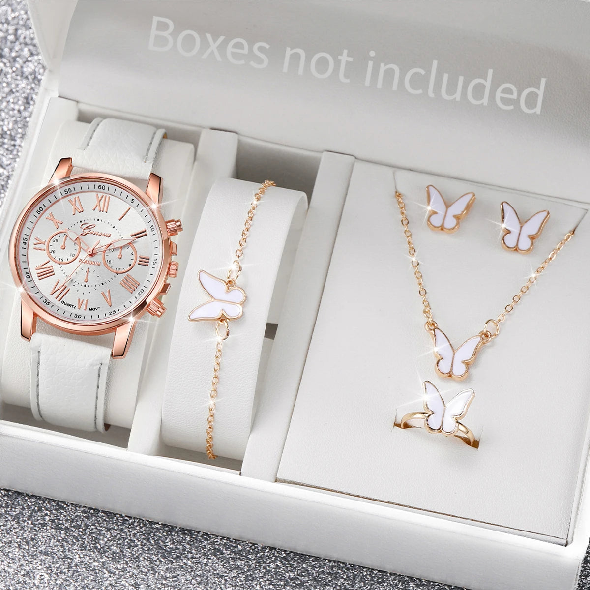5/6PCS Mode Damen Quarzuhr Lederband Analoge Armbanduhren Herz Strass Schmuckset (Ohne Box)