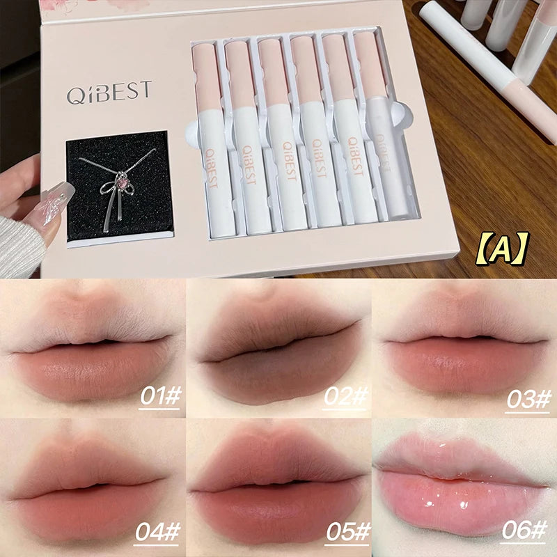 QIBEST 6 Teile/schachtel Matte Lippenstift Sets Und Spiegel Wässrige Lip Glasur Anhaltende Lip Make-Up Sets Feuchtigkeitsspendende Lipgloss Halskette Geschenk
