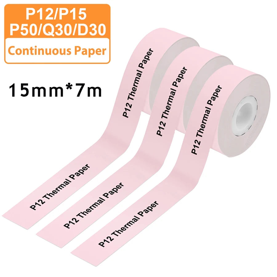 3 Stück 15 mm x 7 m kontinuierliches Etikettenpapier, passend für P12 P15 Phomemo D30 Q30 Drucker, wasserdichter, selbstklebender Thermodrucker