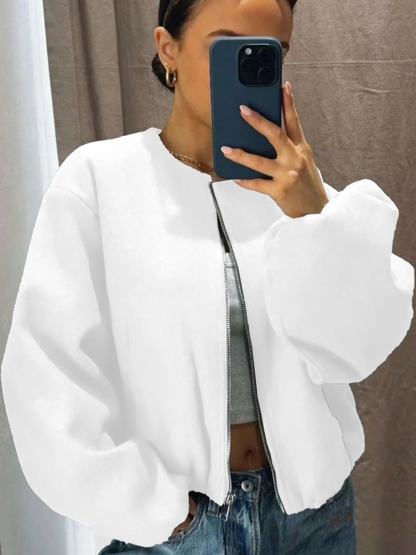 Mäntel Solide Zipper Strickjacke Frauen O Neck Jacke Langarm Gespleißt Taschen Lose Fit Herbst 2022, Casual Leichte Strech