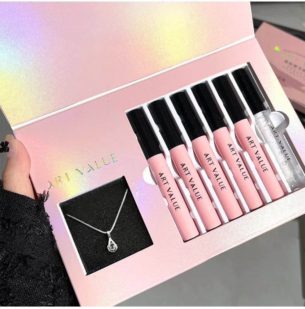 Rosa Liebesbrief Lippenschlamm Spiegelglasur Halskette Set Lippen Make-up Set mit mattem weichem Nebel und weißem Frauen Make-up Kosmetik Geschenke