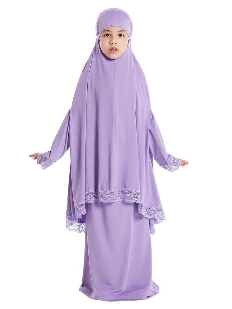 Muslimische Kinder Mädchen Hijab Kleid Ramadan Khimar Rock Set Overhead Eid Gebet Kleidungsstück Burka Abaya Robe Kaftan Kapuzenkleid