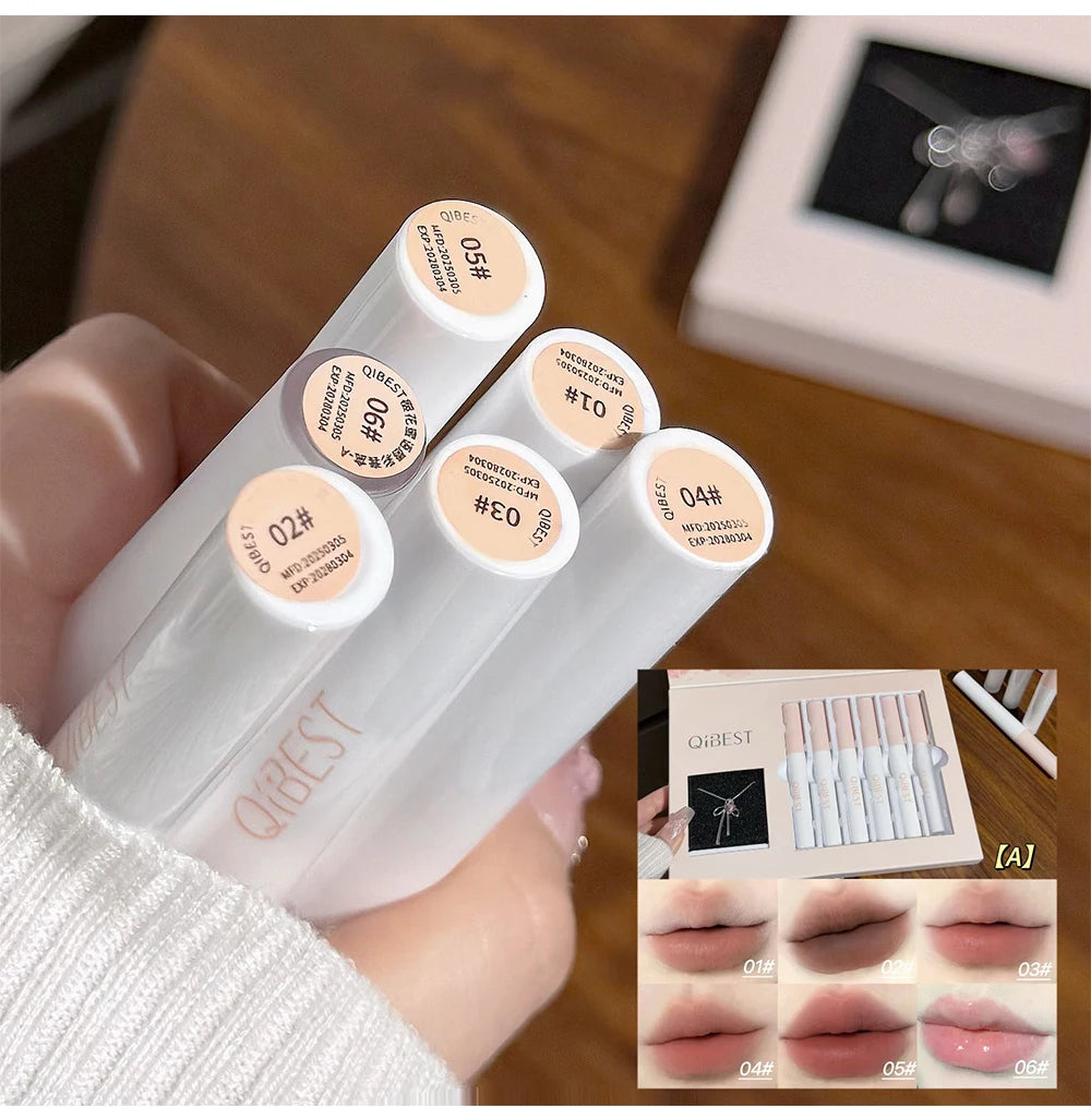 QIBEST 6 Teile/schachtel Matte Lippenstift Sets Und Spiegel Wässrige Lip Glasur Anhaltende Lip Make-Up Sets Feuchtigkeitsspendende Lipgloss Halskette Geschenk