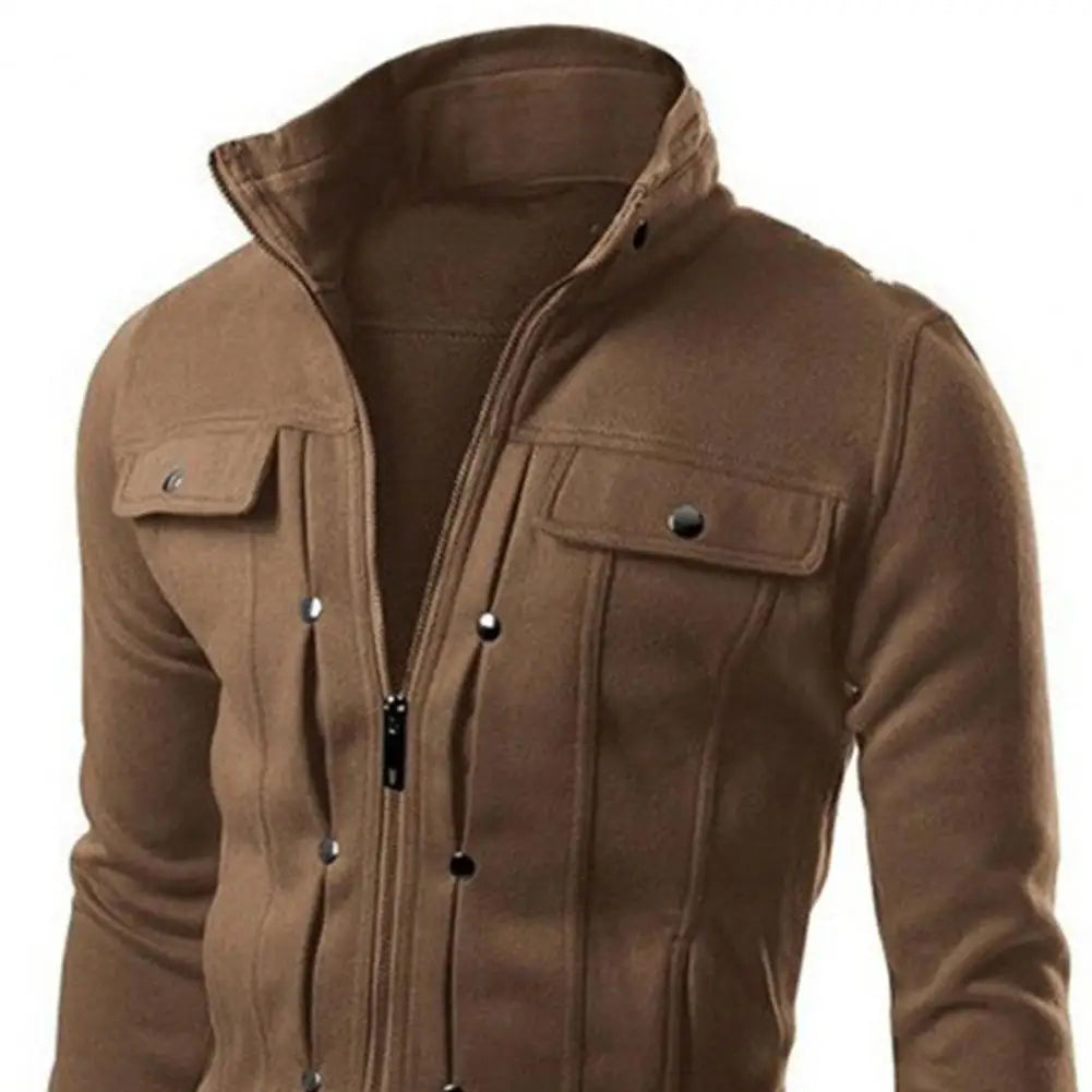 2025M-4XL Männer Frühling Herbst Jacke mit Knöpfen Reißverschluss Einfarbig Stehkragen Langarm Casual Jacke Oberbekleidung