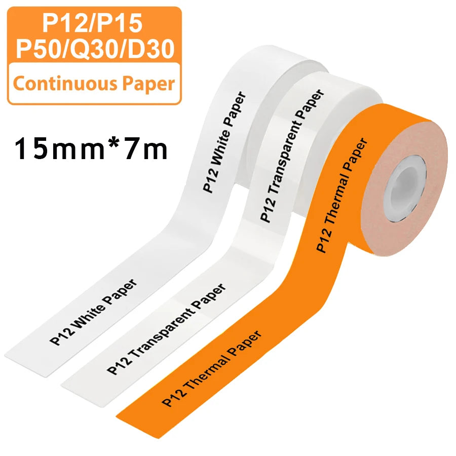 3 Stück 15 mm x 7 m kontinuierliches Etikettenpapier, passend für P12 P15 Phomemo D30 Q30 Drucker, wasserdichter, selbstklebender Thermodrucker