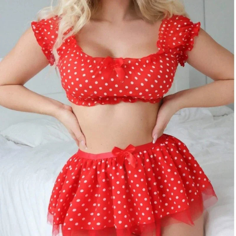 Polka Dot Schulter enthüllt Puffy Rock 3-teilige Sets Sexy Spitze Top Rock Tangas Unterwäsche Anzüge Romantische Intime Exotische Sets