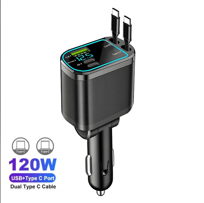 120 W 4/5 IN 1 Versenkbare Auto Ladegerät USB C Kabel Für IPhone Huawei Samsung Schnelle Ladekabel Zigarette leichter Adapter PD QC3.0