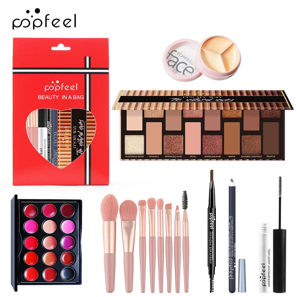 POPFEEL All-in-One-Make-up-Set, Geschenkset mit Lidschatten-Palette, Foundation, Lipgloss, Rouge, Pinsel, Eyeliner und mehr Schönheitsgeschenke
