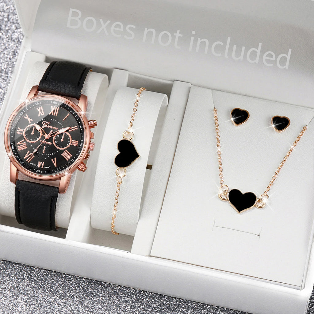 5/6PCS Mode Damen Quarzuhr Lederband Analoge Armbanduhren Herz Strass Schmuckset (Ohne Box)