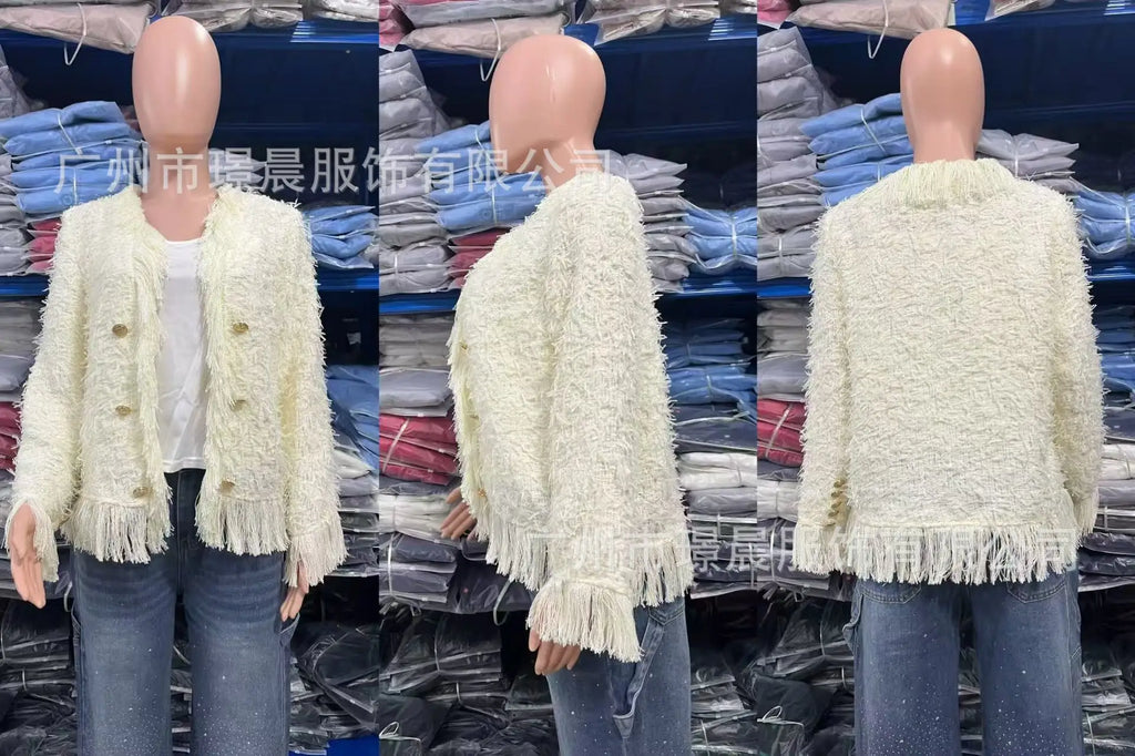 Frauen Feste Mäntel Fransen Kurze Jacke Quaste Lange Ärmel V-ausschnitt Einreiher Slim Fit Büro Dame Casual 2025, Herbst Winter