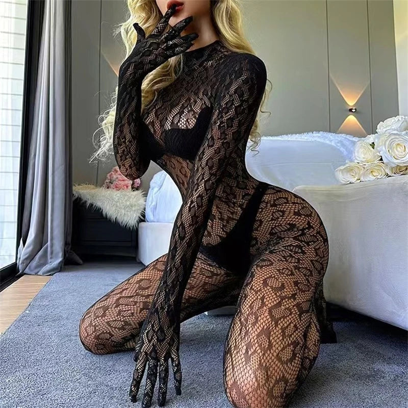 Frauen Sexy Leopard Aushöhlen Mesh Bodystocking Fishnet Dessous Langarm Durchsichtig Bodysuit Overall Nachtwäsche SIMPLEJEWEL