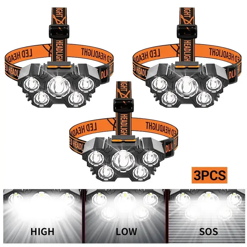 5-LED-Taschenlampe, wiederaufladbar, mit eingebauter Lithium-Batterie, starkes Kopflicht, Camping, Abenteuer, Angeln, Radfahren, Stirnlampe