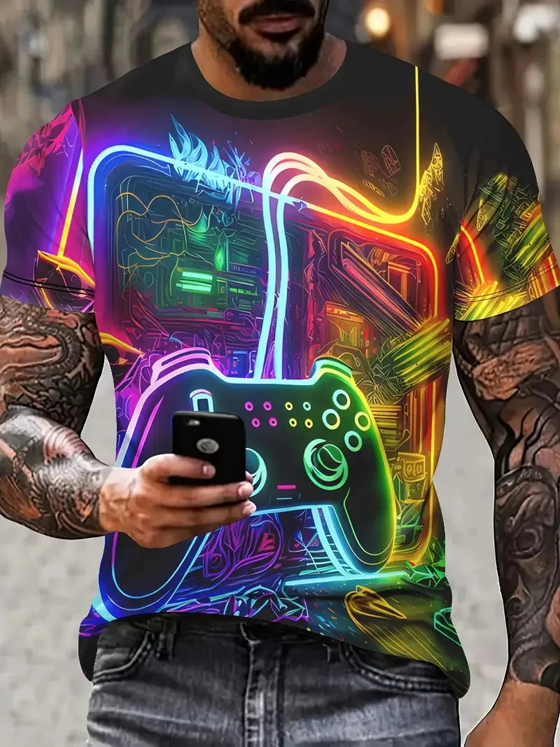 3D-Digitaldruck Herren Casual Vibrant Neon Game Controller Design T-Shirt Neu in Rundhalsausschnitt Kurzarm Gamer T-Shirt für Männer