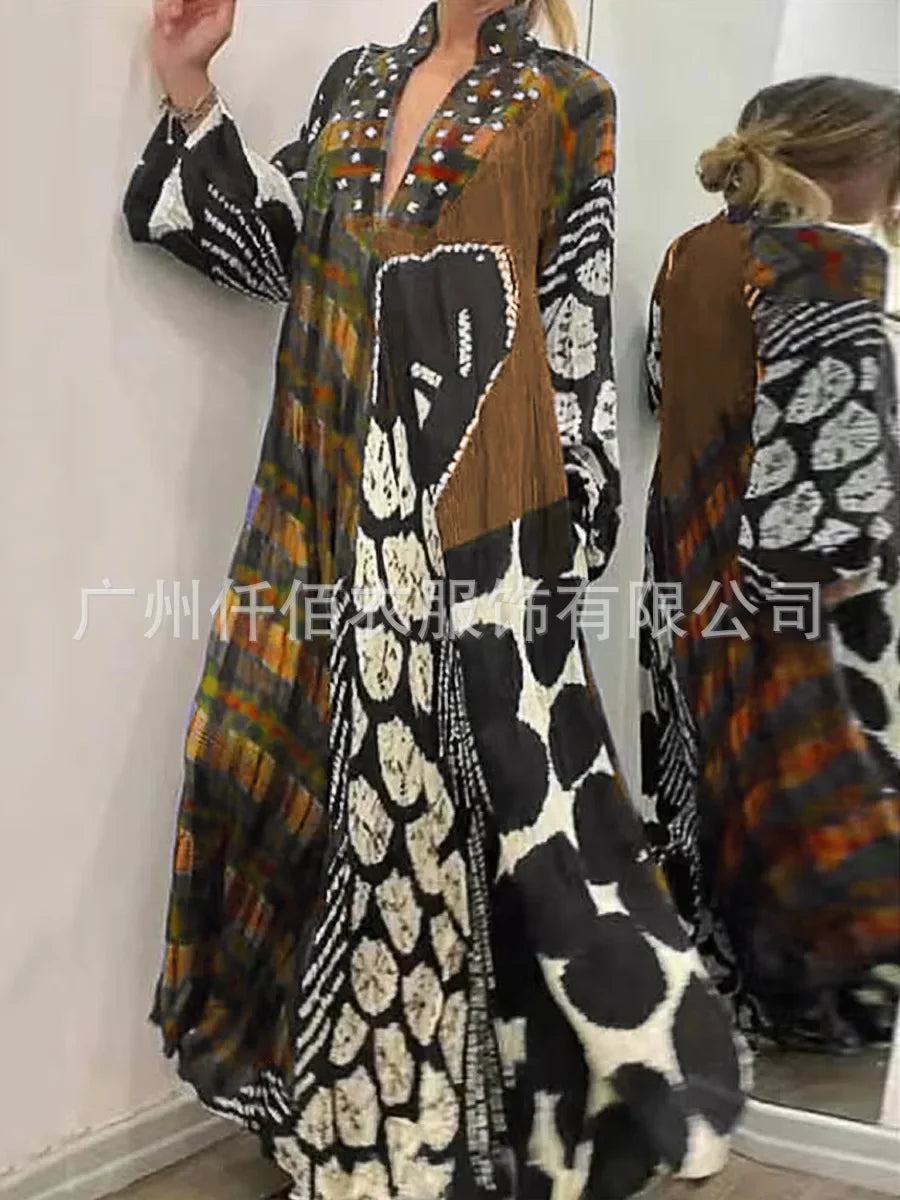 Lose Taille Kleid Frauen Volle Hülse Casual EINE Linie Lange V-ausschnitt Vestidos Drucken Taschen Splice Herbst Winter 2025, Maxi Kleider