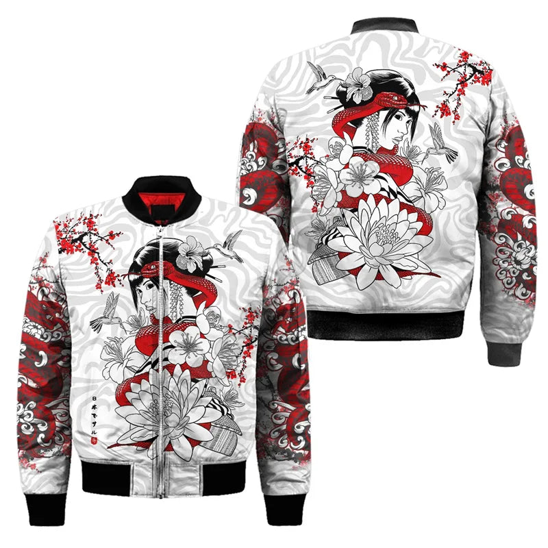 3D Gedruckt Neue Samurai Oni Maske Tattoo Herren Bomber Jacke Casual Frühling Herbst Vintage Zipper Jacke Unisex Kleidung Streetwear