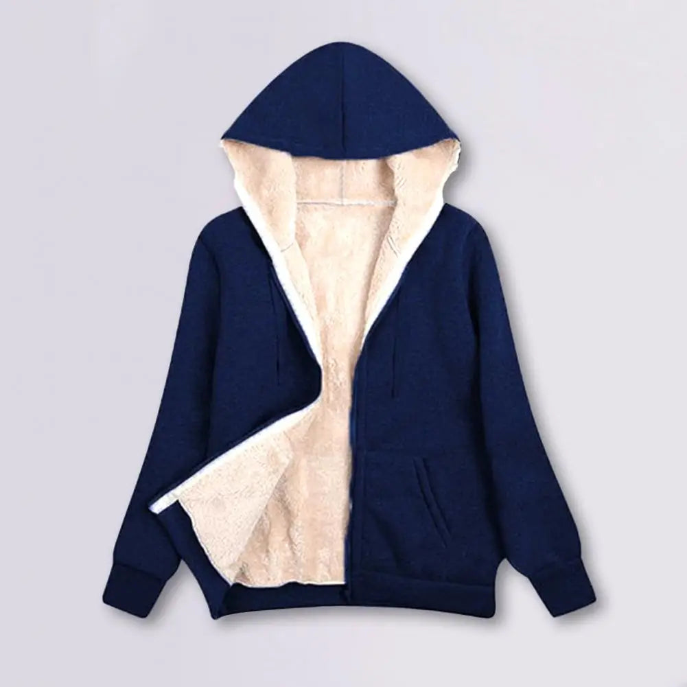 Lightweight Jacket Cozy Fleece-lined Winter Hoodie with Pockets for Women Stylish Zip-up Coat with Drawstring Hem Elastic Cuffs
