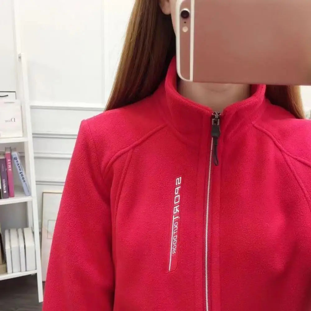 Frauen Stehkragen Mantel Dame Mädchen Zip-up Polar Fleece Sport Stil Tops Reißverschluss Taschen Solide Dicke Plüsch Thermische Strickjacke mantel