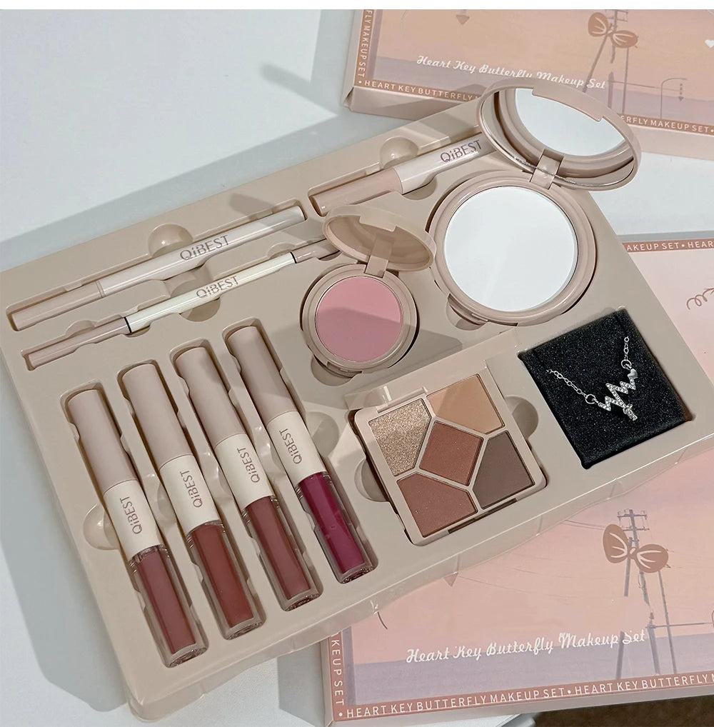 Make-up-Geschenkbox, Schmetterlingsschleife, Herz, begrenzter Lippenstift, Puder, Rouge, Lidschatten, Make-up-Geschenkbox-Set und Halsketten-Geschenke für Frauen