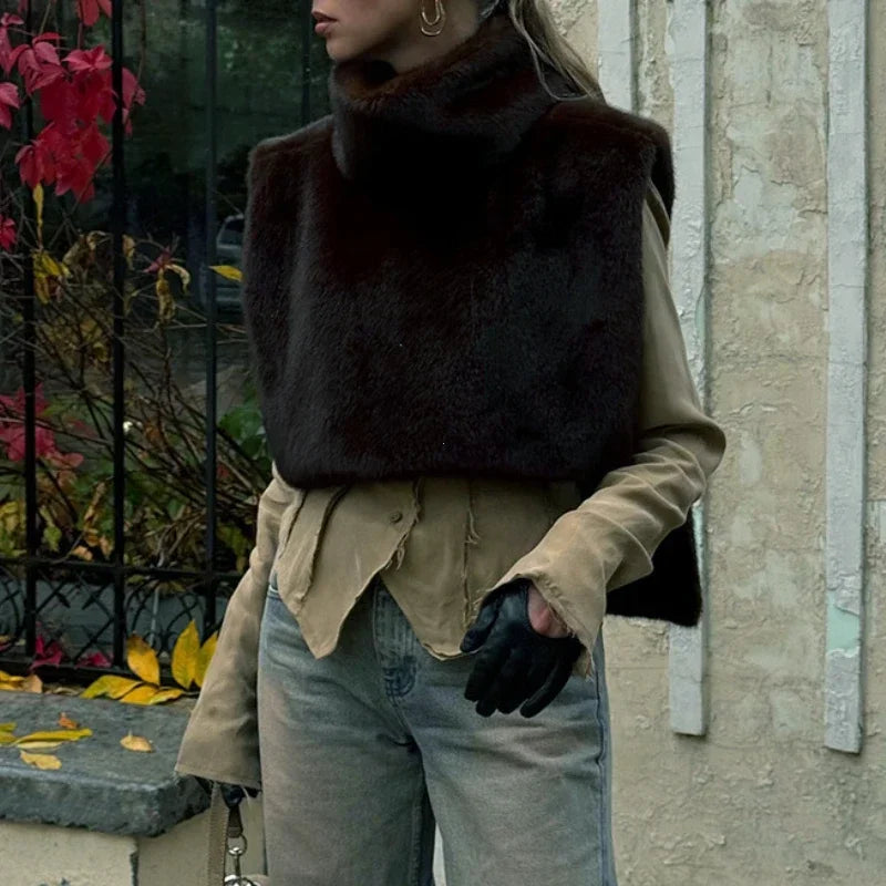 2024 Winter Neue Feste Faux Pelz Weste für Frauen Ärmellose Hohe Kragen Verdickt Warme Jacken Weibliche Straße Alle-spiel outwear