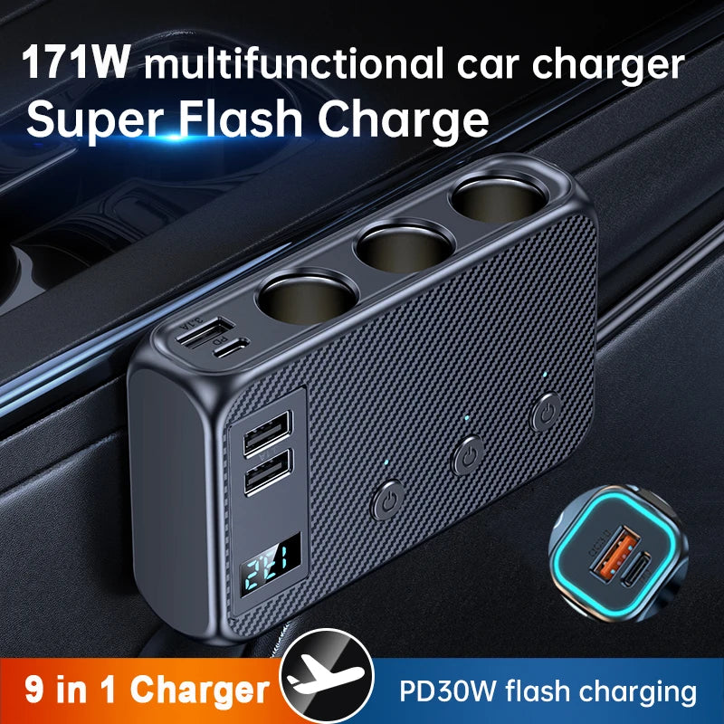 171 W 9 in 1 Auto Ladegerät 3 Ports Zigarettenanzünder Splitter 12 V 24 V Schnellladegerät Stecker Netzteil für iPhone GPS Dashcam