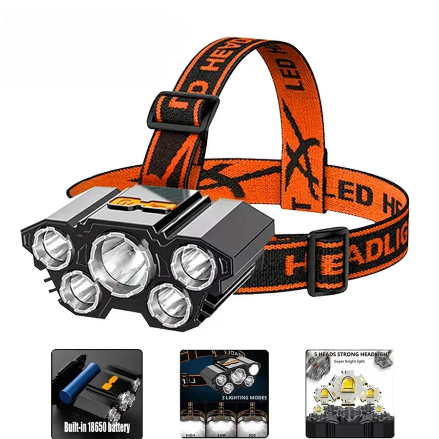 5-LED-Taschenlampe, wiederaufladbar, mit eingebauter Lithium-Batterie, starkes Kopflicht, Camping, Abenteuer, Angeln, Radfahren, Stirnlampe
