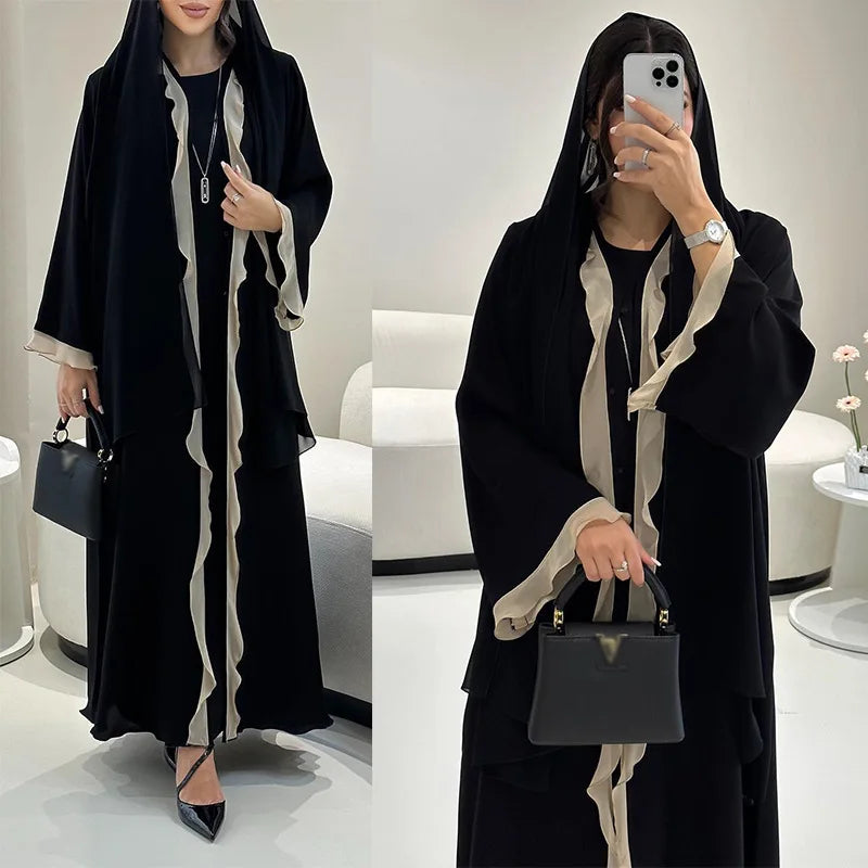 Eid Frauen Abaya Kleid Rüschen Saum Strickjacke Muslimischen Ramadan Offene Party Lange Kleider Kaftan Robe Jalabiya Marokko Dubai Kaftan 2025